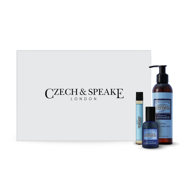 Czech & Speake Oxford & Cambridge Medium Gift Box with elegant packaging and luxury grooming products inside